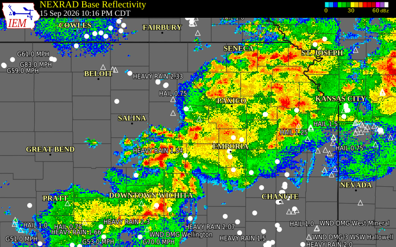 Current NEXRAD radar over Geary County, Kansas with recent storm report locations