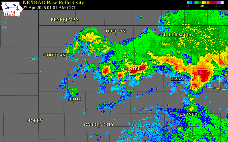 NEXRAD radar during the Monday, April 27, 2026 storm activity in Gove County, Kansas