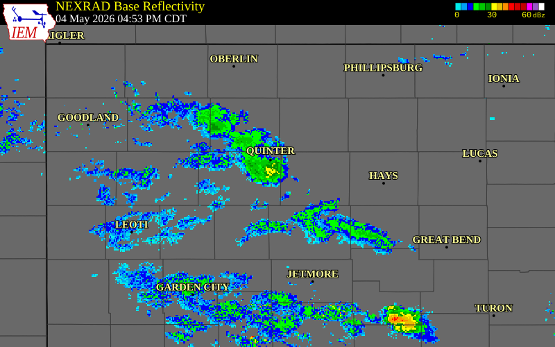 NEXRAD radar during the Monday, May 4, 2026 storm activity in Gove County, Kansas