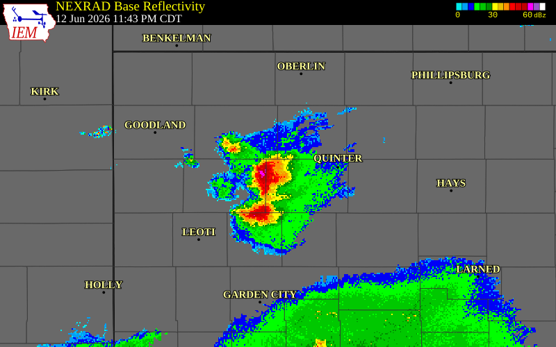 NEXRAD radar during the Friday, June 12, 2026 storm activity in Gove County, Kansas