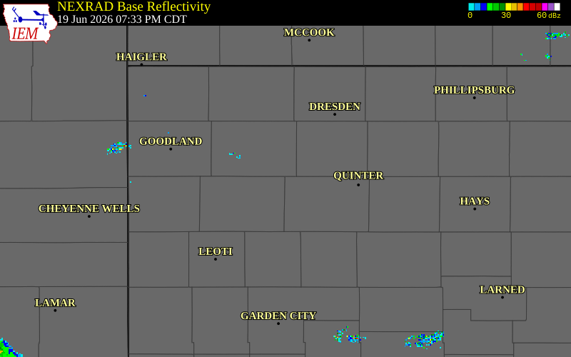 NEXRAD radar during the Friday, June 19, 2026 storm activity in Gove County, Kansas