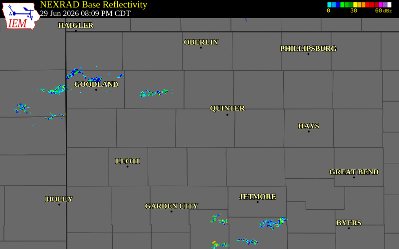 NEXRAD radar during the Monday, June 29, 2026 storm activity in Gove County, Kansas