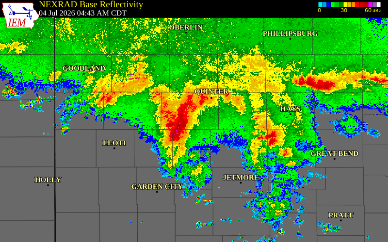NEXRAD radar during the Saturday, July 4, 2026 storm activity in Gove County, Kansas