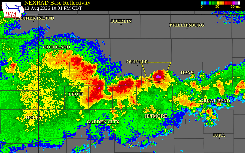 NEXRAD radar during the Thursday, August 13, 2026 storm activity in Gove County, Kansas