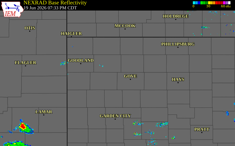 Radar snapshot during the Jun 19, 2026 wind event near 2 ESE Oakley, Gove County, Kansas, with NWS warning polygons