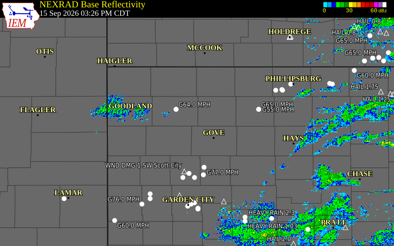 Current NEXRAD radar over Gove County, Kansas with recent storm report locations