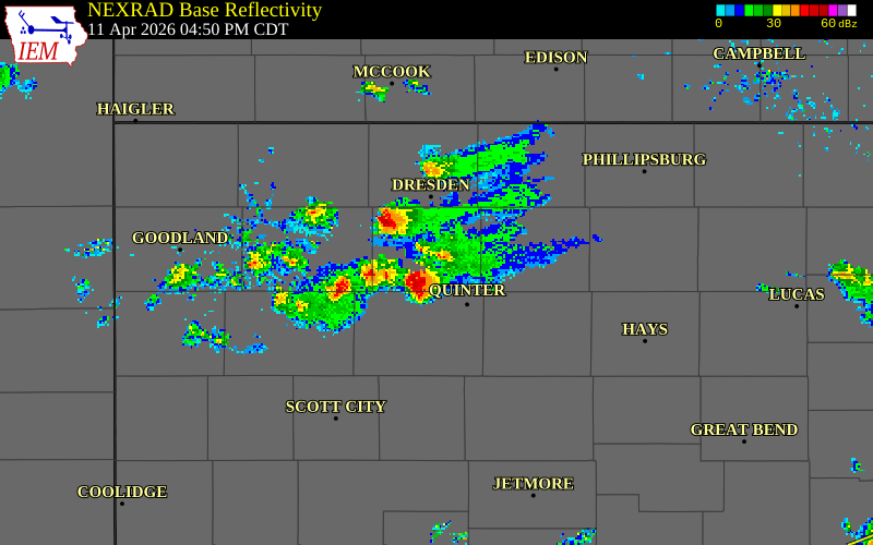 NEXRAD radar during the Saturday, April 11, 2026 storm activity in Graham County, Kansas