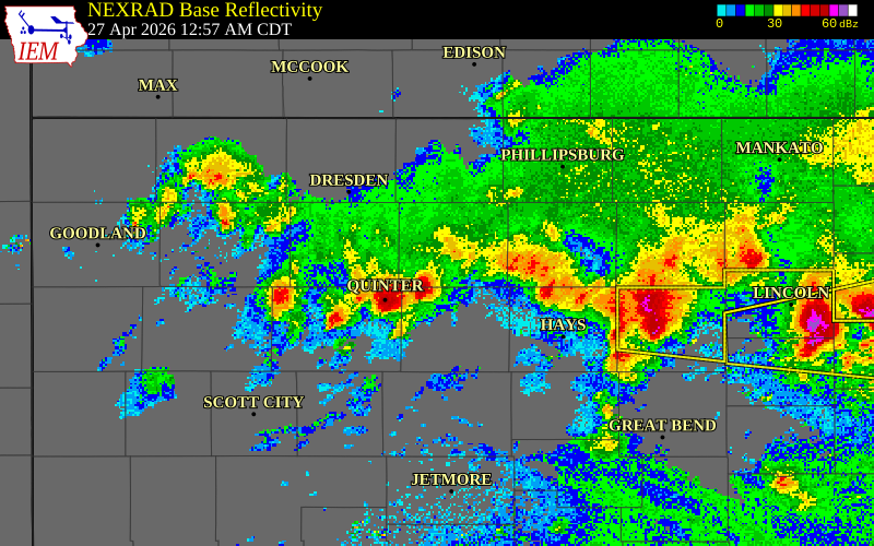 NEXRAD radar during the Monday, April 27, 2026 storm activity in Graham County, Kansas
