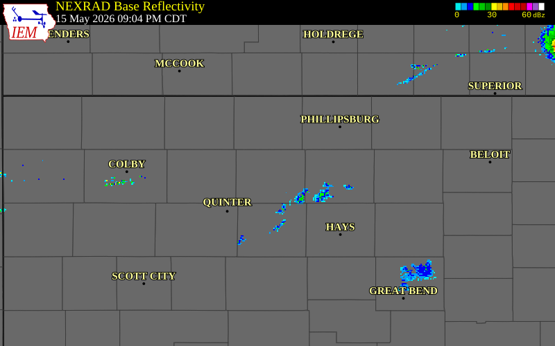 NEXRAD radar during the Friday, May 15, 2026 storm activity in Graham County, Kansas