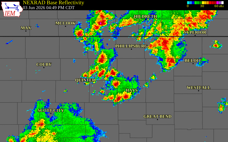NEXRAD radar during the Wednesday, June 3, 2026 storm activity in Graham County, Kansas