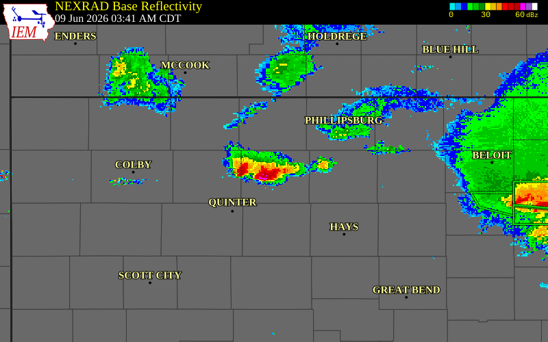 NEXRAD radar during the Tuesday, June 9, 2026 storm activity in Graham County, Kansas