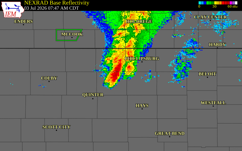 NEXRAD radar during the Friday, July 3, 2026 storm activity in Graham County, Kansas