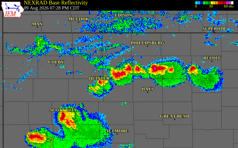 NEXRAD radar during the Sunday, August 9, 2026 storm activity in Graham County, Kansas