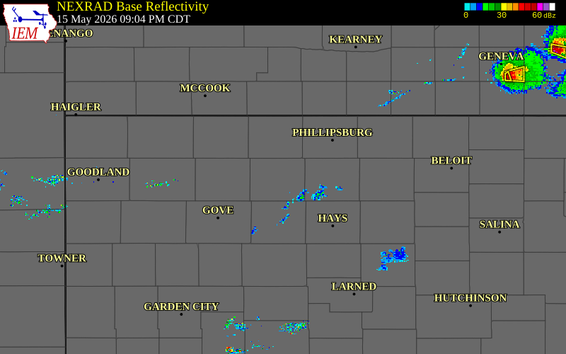 Radar snapshot during the May 15, 2026 wind event near 1 NE Hill City, Graham County, Kansas, with NWS warning polygons