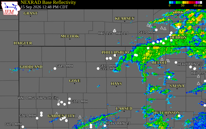 Current NEXRAD radar over Graham County, Kansas with recent storm report locations
