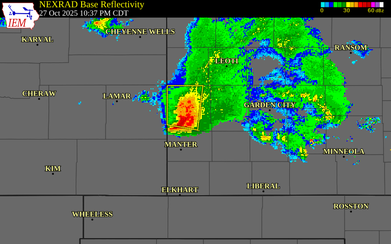 NEXRAD radar during the Monday, October 27, 2025 storm activity in Grant County, Kansas