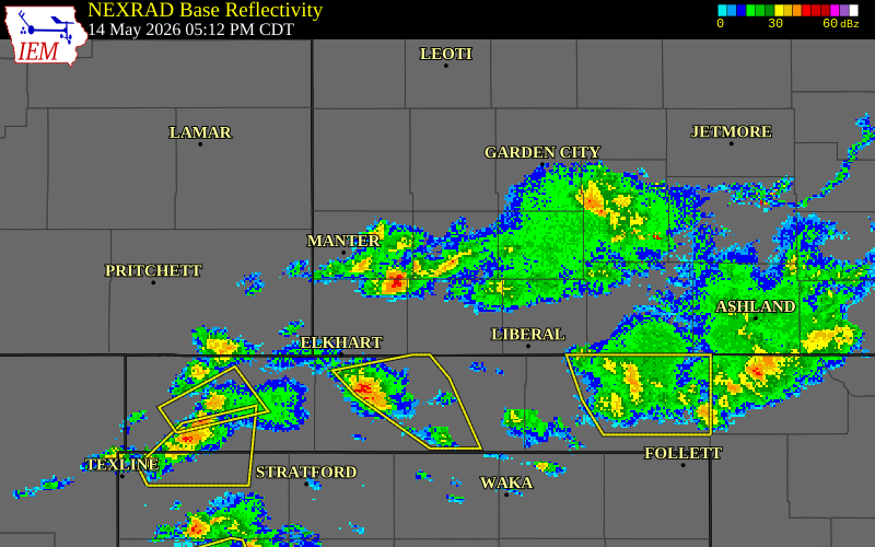 NEXRAD radar during the Thursday, May 14, 2026 storm activity in Grant County, Kansas