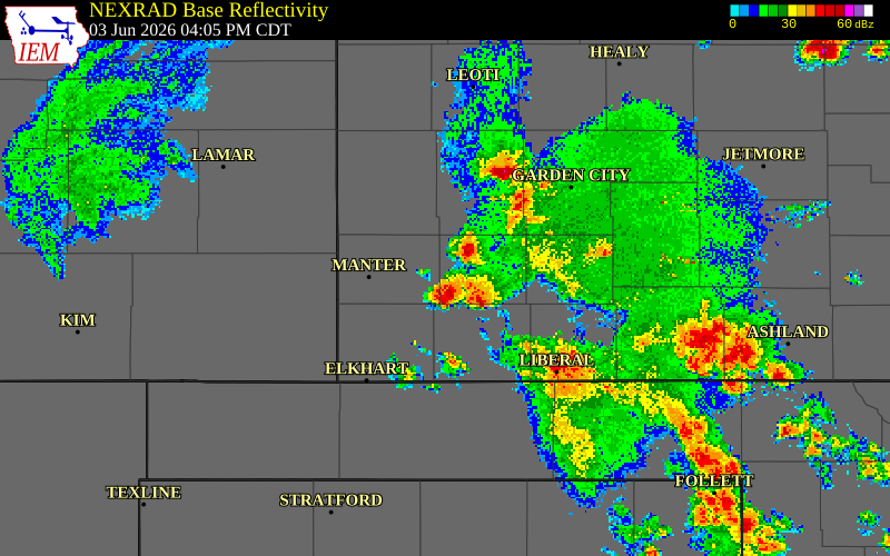 NEXRAD radar during the Wednesday, June 3, 2026 storm activity in Grant County, Kansas