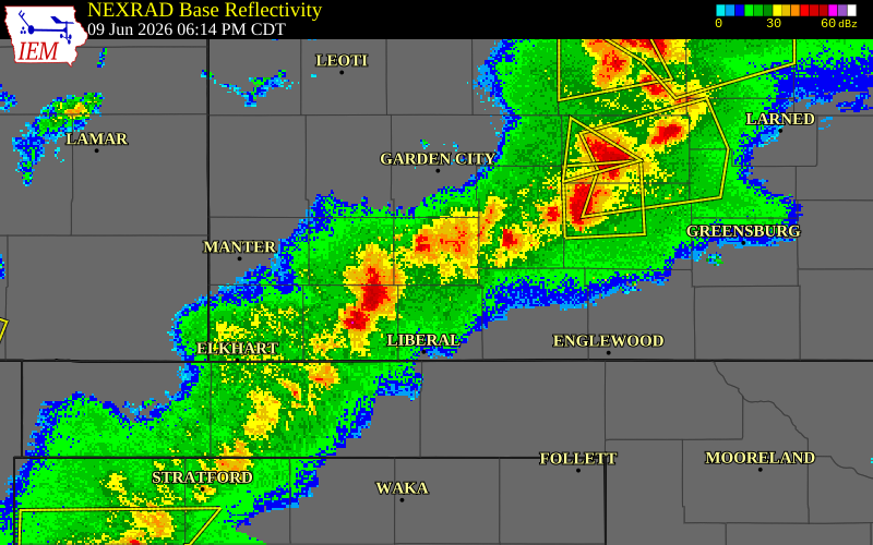 NEXRAD radar during the Tuesday, June 9, 2026 storm activity in Grant County, Kansas