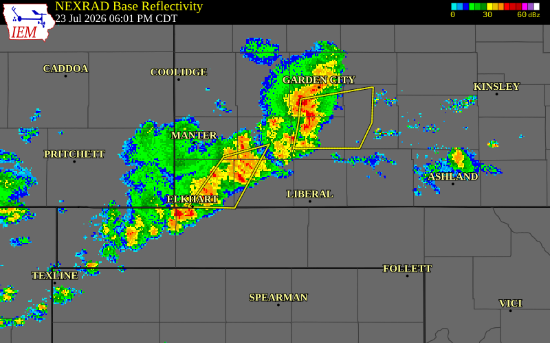 NEXRAD radar during the Thursday, July 23, 2026 storm activity in Grant County, Kansas