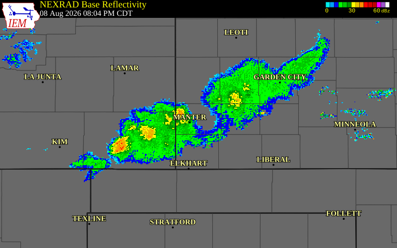 NEXRAD radar during the Saturday, August 8, 2026 storm activity in Grant County, Kansas