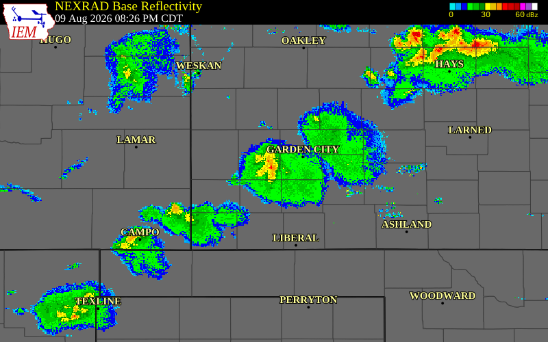 Radar snapshot during the Aug 9, 2026 wind event near Grant County, Grant County, Kansas, with NWS warning polygons