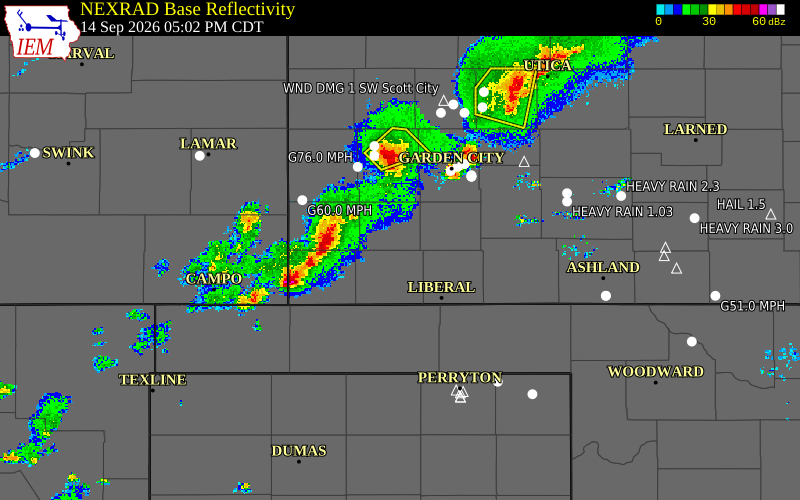 Current NEXRAD radar over Grant County, Kansas with recent storm report locations