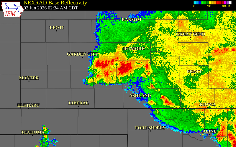 NEXRAD radar during the Tuesday, June 2, 2026 storm activity in Gray County, Kansas