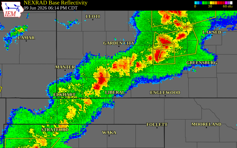 NEXRAD radar during the Tuesday, June 9, 2026 storm activity in Gray County, Kansas