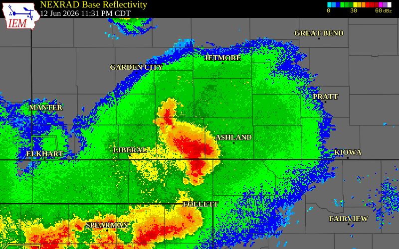 NEXRAD radar during the Friday, June 12, 2026 storm activity in Gray County, Kansas