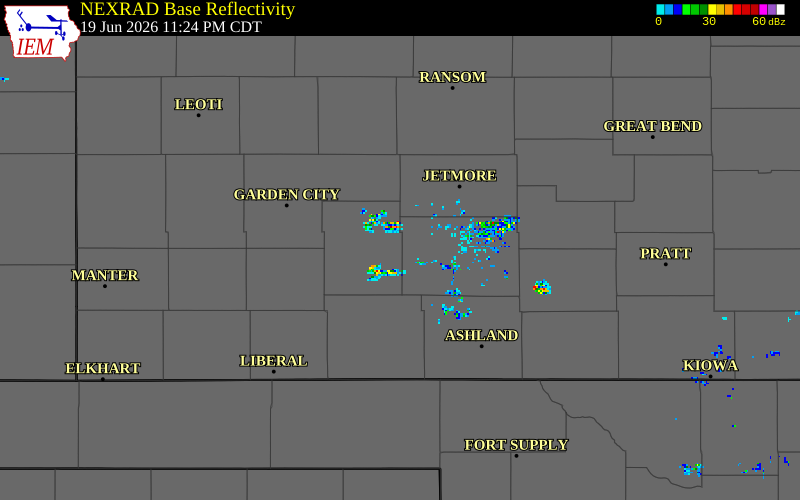 NEXRAD radar during the Friday, June 19, 2026 storm activity in Gray County, Kansas