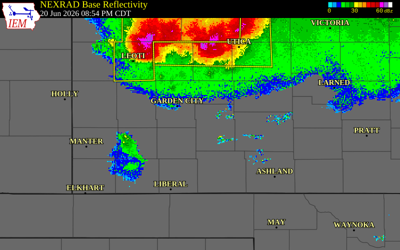 NEXRAD radar during the Saturday, June 20, 2026 storm activity in Gray County, Kansas