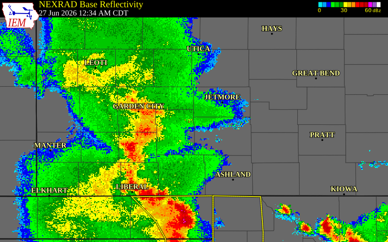 NEXRAD radar during the Saturday, June 27, 2026 storm activity in Gray County, Kansas