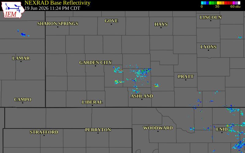 Radar snapshot during the Jun 19, 2026 hail event near 5 SW Howell, Gray County, Kansas, with NWS warning polygons