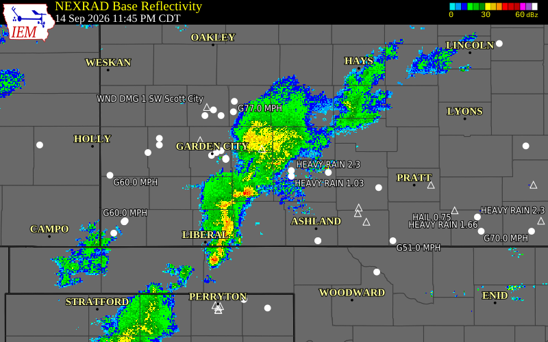 Current NEXRAD radar over Gray County, Kansas with recent storm report locations