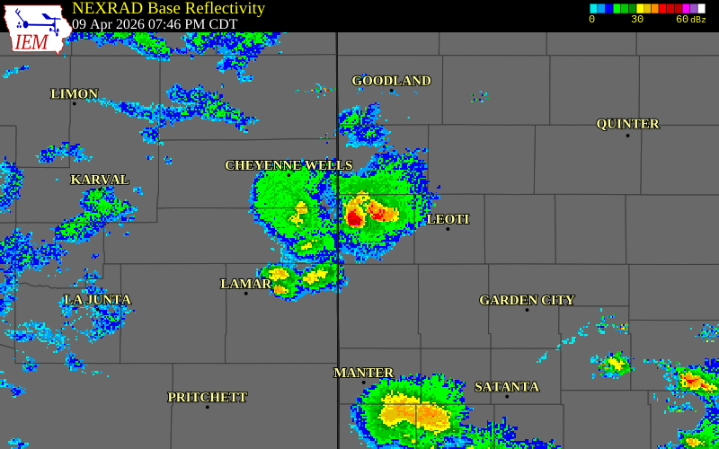 NEXRAD radar during the Thursday, April 9, 2026 storm activity in Greeley County, Kansas