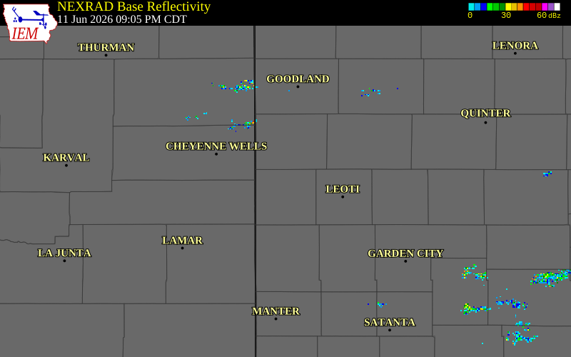 NEXRAD radar during the Thursday, June 11, 2026 storm activity in Greeley County, Kansas