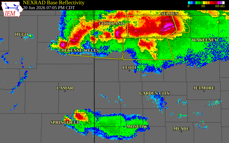 NEXRAD radar during the Saturday, June 20, 2026 storm activity in Greeley County, Kansas