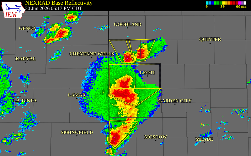 NEXRAD radar during the Tuesday, June 30, 2026 storm activity in Greeley County, Kansas