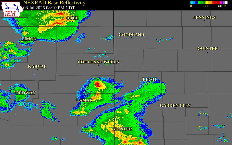 NEXRAD radar during the Wednesday, July 8, 2026 storm activity in Greeley County, Kansas