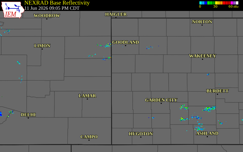 Radar snapshot during the Jun 11, 2026 hail event near 10 N Horace, Greeley County, Kansas, with NWS warning polygons