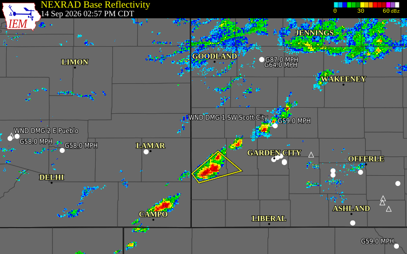 Current NEXRAD radar over Greeley County, Kansas with recent storm report locations