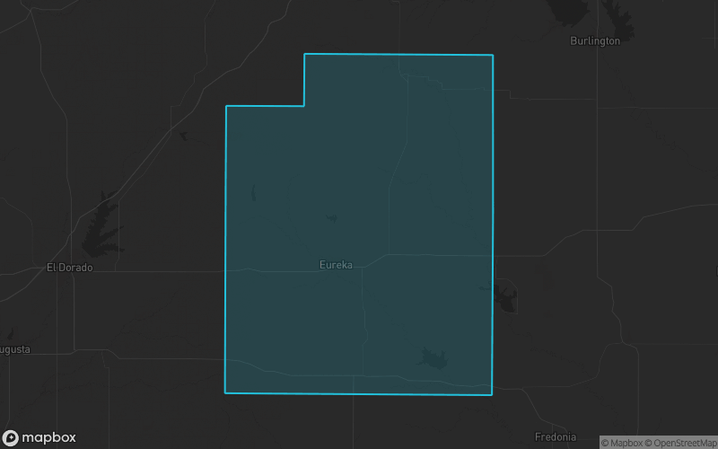 Map of Greenwood County, Kansas showing the county boundary and surrounding cities