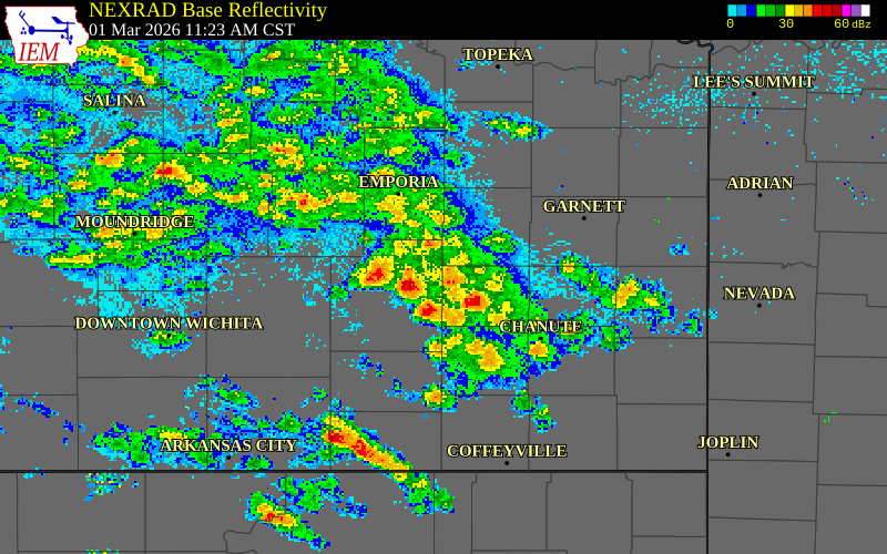 NEXRAD radar during the Sunday, March 1, 2026 storm activity in Greenwood County, Kansas