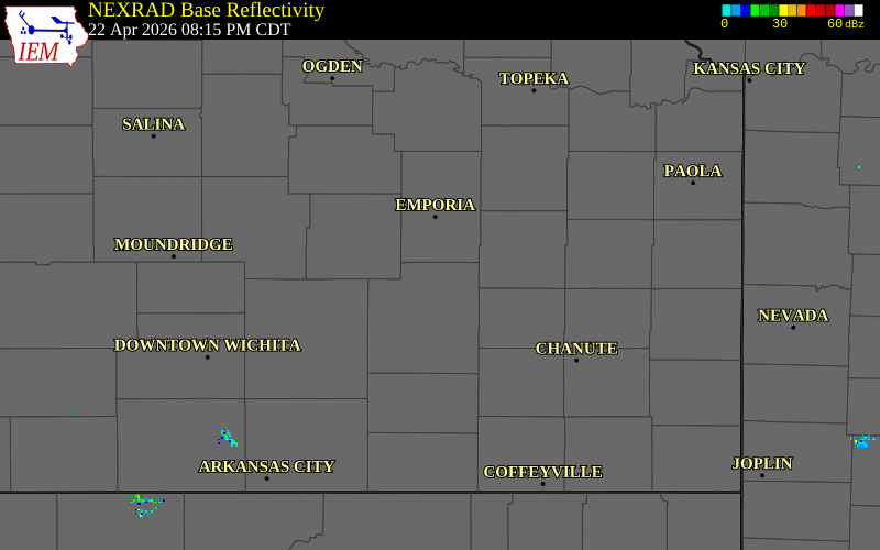 NEXRAD radar during the Wednesday, April 22, 2026 storm activity in Greenwood County, Kansas