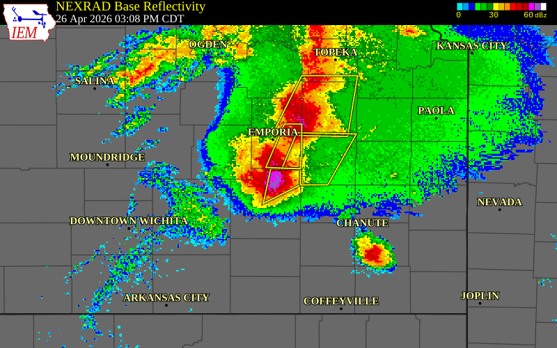 NEXRAD radar during the Sunday, April 26, 2026 storm activity in Greenwood County, Kansas