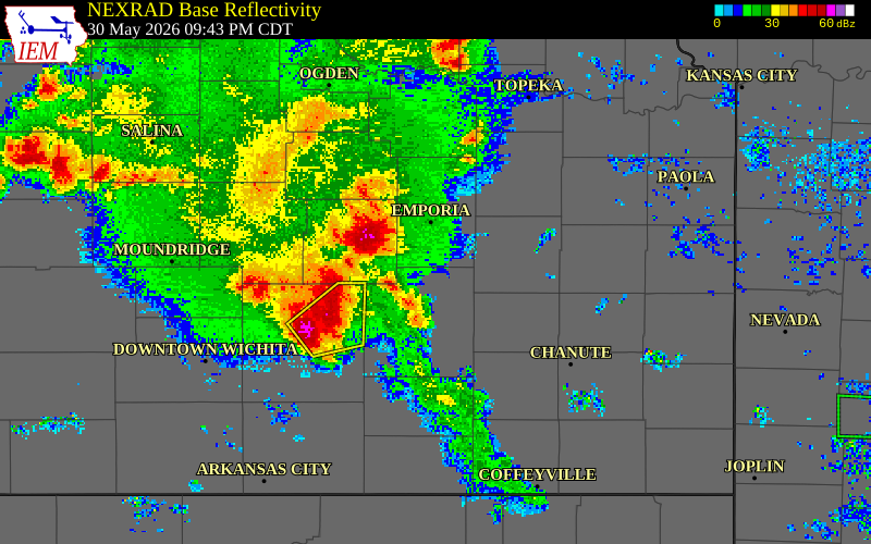 NEXRAD radar during the Saturday, May 30, 2026 storm activity in Greenwood County, Kansas
