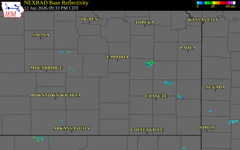 NEXRAD radar during the Friday, June 12, 2026 storm activity in Greenwood County, Kansas