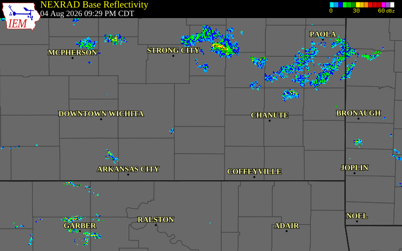 NEXRAD radar during the Tuesday, August 4, 2026 storm activity in Greenwood County, Kansas