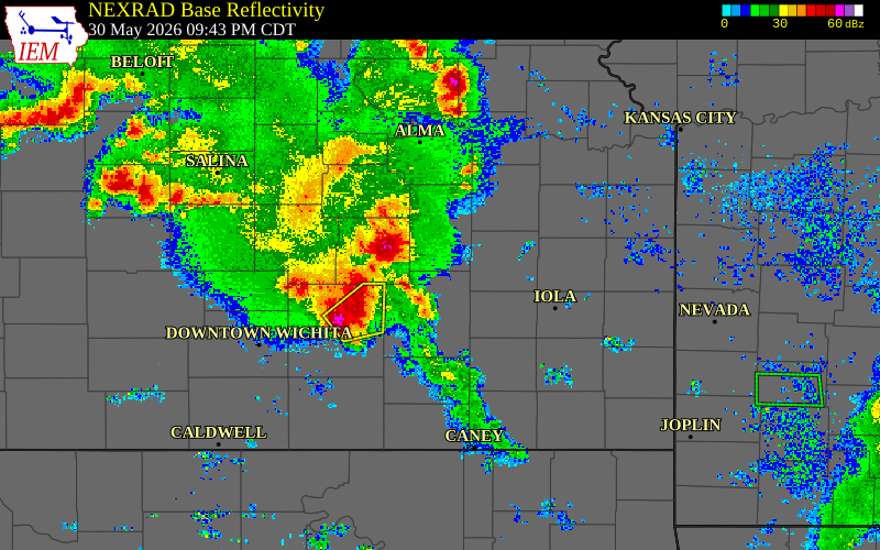Radar snapshot during the May 30, 2026 tornado event near 2 NW Madison, Greenwood County, Kansas, with NWS warning polygons